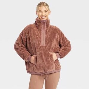 Joy Lab Chocolate Brown Fleece Half Zip Cinched Waist Pullover Sweater